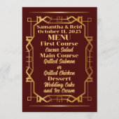 Gold über Burgund Art Déco Hochzeit Menükarte (Vorderseite)