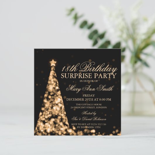 Gold Überraschung 18. Geburtstag Weihnachtsbeleuch Einladung (Stehend Vorderseite)