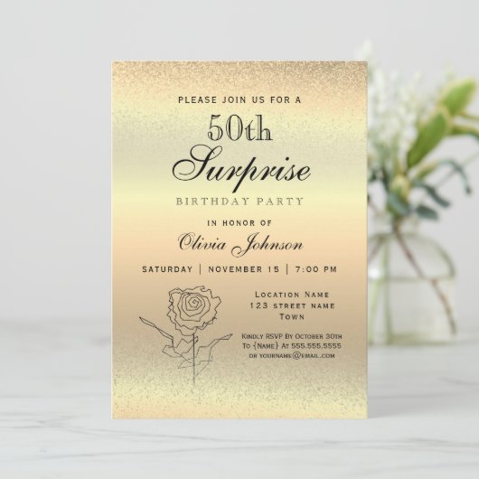 Gold Überraschung 50. Geburtstag Einladung (Stehend Vorderseite)