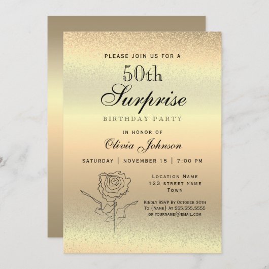Gold Überraschung 50. Geburtstag Einladung (Vorne/Hinten)