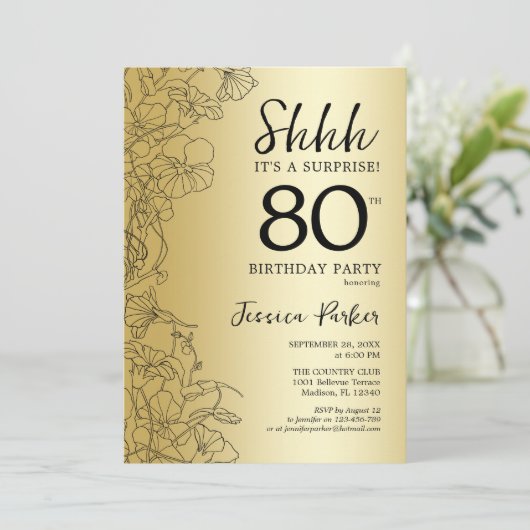 Gold Überraschung 80. Geburtstag Einladung (Stehend Vorderseite)