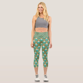 Gold und Aqua Art Deco Geometrisch Capri Leggings