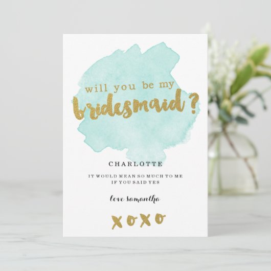 Gold und Aquamarin Blush Werden Sie meine Bridesma Einladung (Stehend Vorderseite)