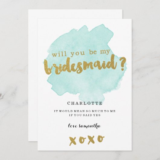 Gold und Aquamarin Blush Werden Sie meine Bridesma Einladung (Vorne/Hinten)