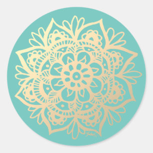 Gold und Aquamarine Mandala-Blume Runder Aufkleber