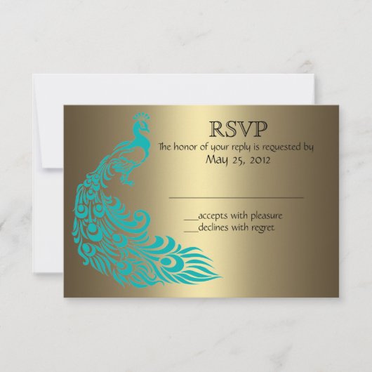 Gold und Aquamarine Pfaueneinladungen RSVP Karte (Vorderseite)