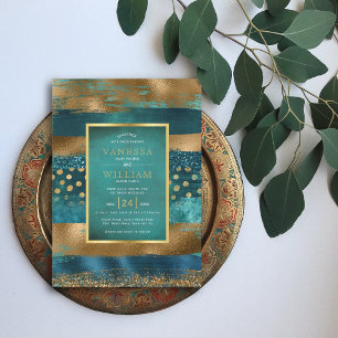 Gold und aquamarine Striche und Konfetti Hochzeit Einladung