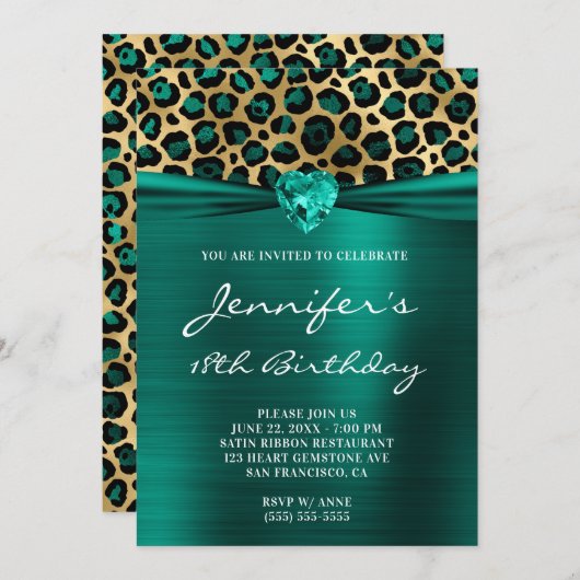 Gold und Aquamariner Grüne Leoparden, 18. Geburtst Einladung (Vorne/Hinten)