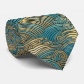 Gold und aquamarines Chiyogami-Wellenmuster Krawatte (Gerollt)