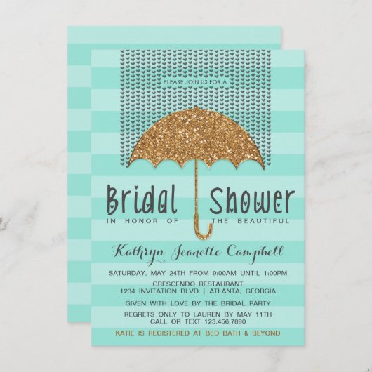 Gold und Aquamarines Umbrella & Hearts Brautparty Einladung (Vorne/Hinten)