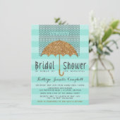 Gold und Aquamarines Umbrella & Hearts Brautparty Einladung (Stehend Vorderseite)