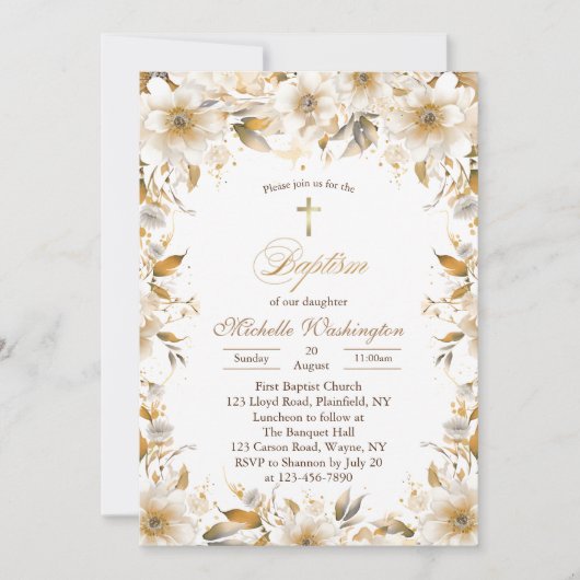 Gold und Beige Blume - Taufe Einladung (Vorderseite)