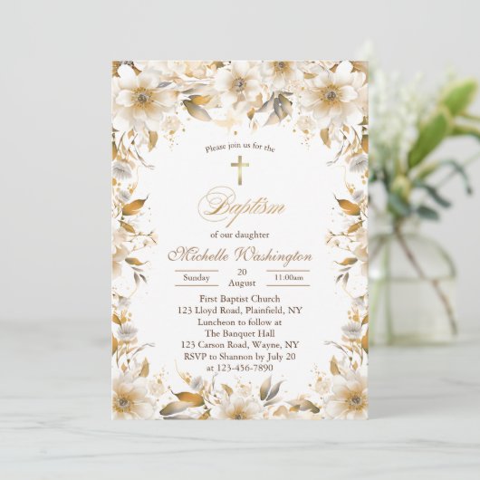 Gold und Beige Blume - Taufe Einladung (Stehend Vorderseite)