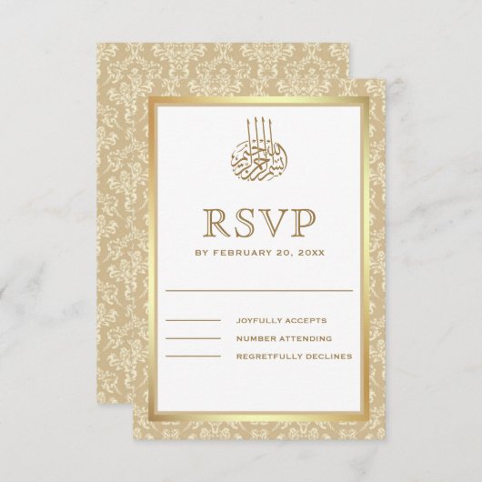 Gold und Beige Damaskus RSVP Karte (Vorne/Hinten)