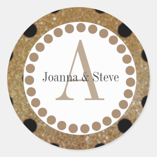 Gold und Blacb Polka Dot Moogram Sicker. Runder Aufkleber (Vorderseite)