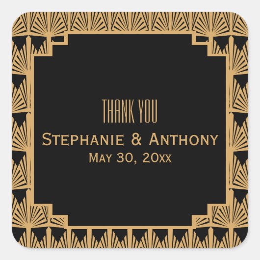 Gold und Black Art Deco Muster Hochzeit Vielen Dan Quadratischer Aufkleber (Vorderseite)
