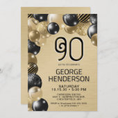 Gold und Black Balloons 90. Geburtstag Einladung (Vorne/Hinten)