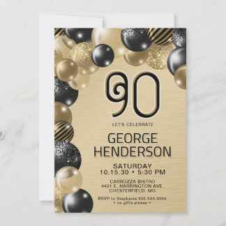 Gold und Black Balloons 90. Geburtstag Einladung