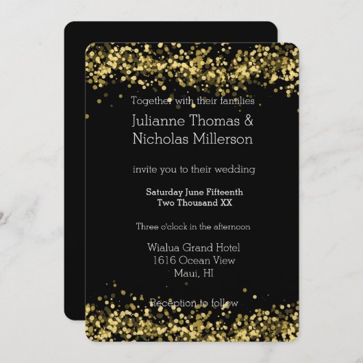 Gold- und Black-Bokeh-Hochzeit Einladung (Vorne/Hinten)