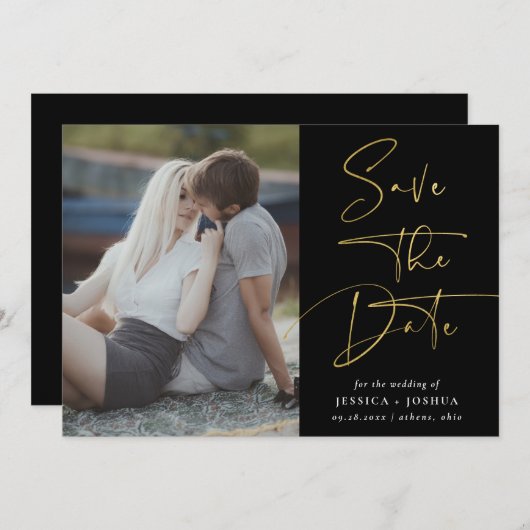 Gold- und Black-Calligraphy-Foto-Karte Einladung (Vorne/Hinten)