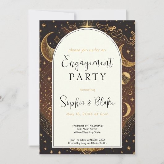 Gold und Black Celestial Moon Engagement Party Einladung (Vorderseite)