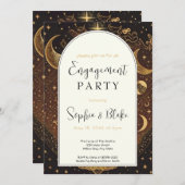 Gold und Black Celestial Moon Engagement Party Einladung (Vorne/Hinten)