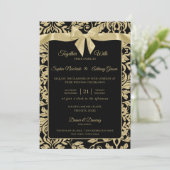 Gold und Black Damask mit Bow Wedding Einladung (Stehend Vorderseite)