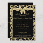 Gold und Black Damask mit Bow Wedding Einladung (Vorne/Hinten)