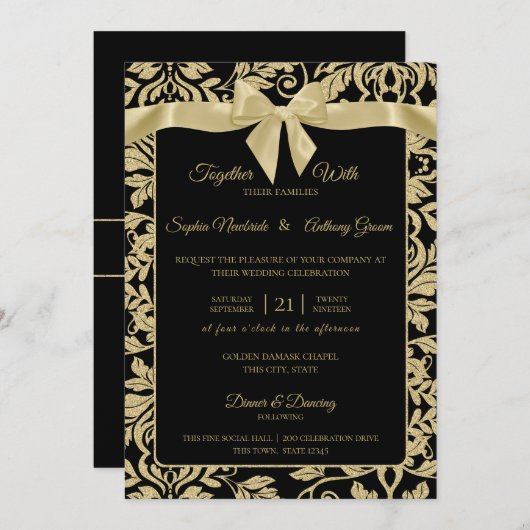 Gold und Black Damask mit Bow Wedding Einladung (Vorne/Hinten)