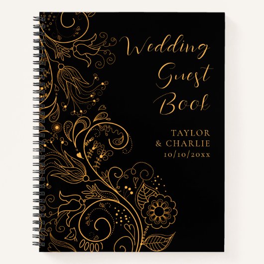 Gold und Black Elegant Floral Wedding Gästebuch Notizblock (Vorderseite)