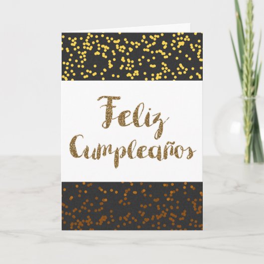 Gold und Black Feliz Cumpleanos Karte (Vorderseite)