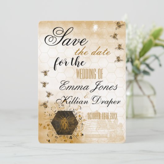 Gold und Black Honey Bee Save The Date (Stehend Vorderseite)