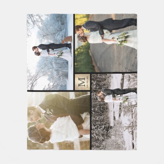 Gold und Black Monogram 4 Foto Collage Wedding Fleecedecke (Vorderseite)