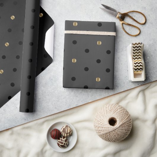 Gold und Black Polka Punkte auf Sheen Black Satin Geschenkpapier (Kunsthandwerk)