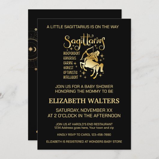 Gold und Black Sagittarius Zodiac Baby Shower Einladung (Vorne/Hinten)
