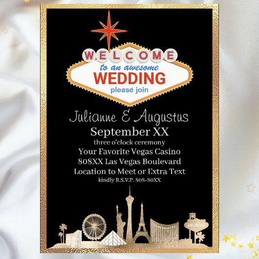 Gold und Black Skyline Las Vegas Wedding Einladung