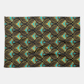 Gold und Blau Art Deco Muster auf schwarzer Küche  Geschirrtuch (Horizontal)