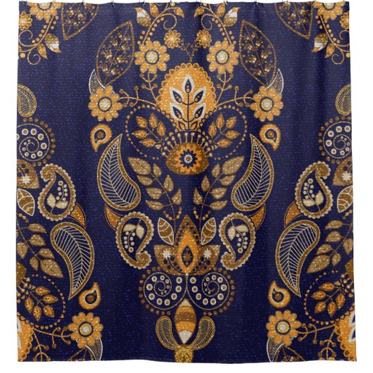 Gold und Blau, nahtlose Blumenmuster. Duschvorhang (Vorderseite)