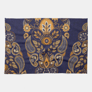 Gold und Blau, nahtlose Blumenmuster. Geschirrtuch