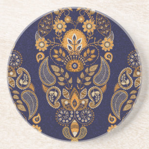 Gold und Blau, nahtlose Blumenmuster. Getränkeuntersetzer