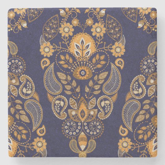 Gold und Blau, nahtlose Blumenmuster. Steinuntersetzer (Vorderseite)