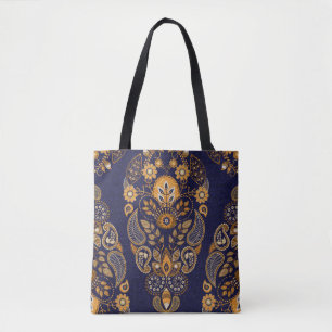 Gold und Blau, nahtlose Blumenmuster. Tasche