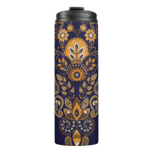 Gold und Blau, nahtlose Blumenmuster. Thermosbecher