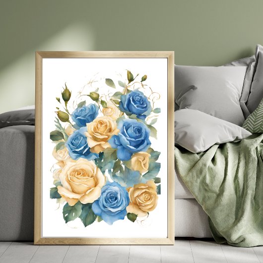 Gold und Blau Rose Romantisches Wasserfarbenplakat Poster