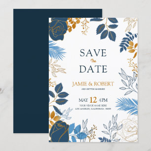 Gold- und blaue Blumen moderne Hochzeitsrahmen Einladung