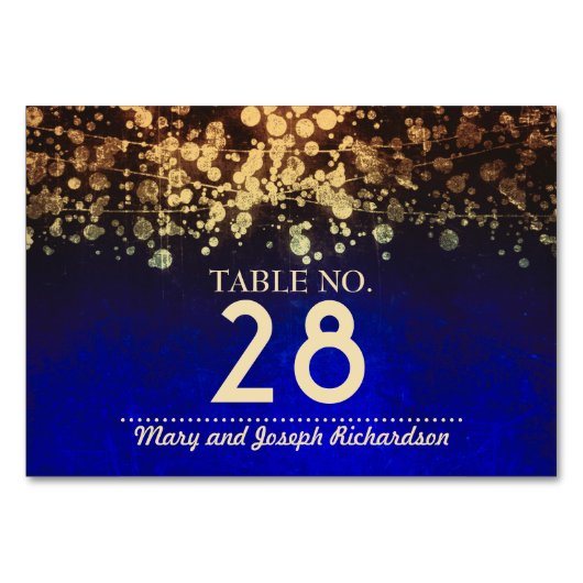 Gold- und Blaue Schick String-Lichter Hochzeit Tischnummer (Vorderseite)