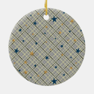 Gold und blaue Sterne auf grauem, karierten Hinter Keramik Ornament