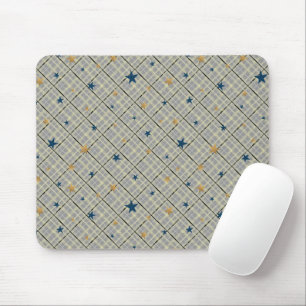 Gold und blaue Sterne auf grauem, karierten Hinter Mousepad