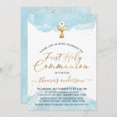 Gold und Blaue Wasserfarbe 1. Heilige Kommune Einladung (Vorne/Hinten)