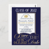 Gold und Blauer Abschluss Einladung Postkarte (Vorne/Hinten)